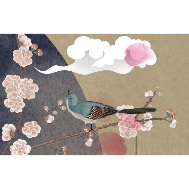 Tapisserie japonaise zen fleurs et oiseaux - Les fleurs de pêchers et les oiseaux
