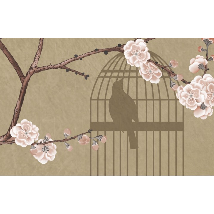 Tapisserie japonaise zen fleurs et oiseaux - Les fleurs de pêchers et les oiseaux