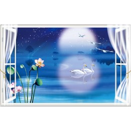 Poster Trompe l'œil 3D Paysage Paisible Cygne Lotus Nuit Bleu