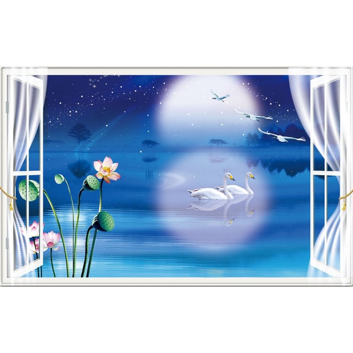 Poster Trompe l'œil 3D Paysage Paisible Cygne Lotus Nuit Bleu