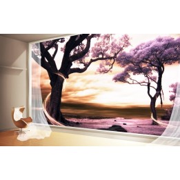 Poster Géant 3D Paysage Romantique Baie Vitrée Arbre Violet