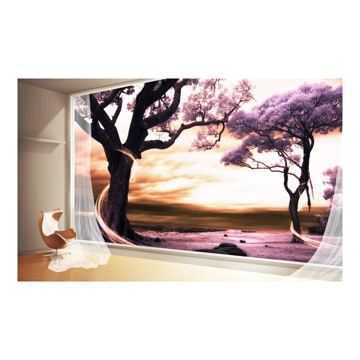 Poster Géant 3D Paysage Romantique Baie Vitrée Arbre Violet