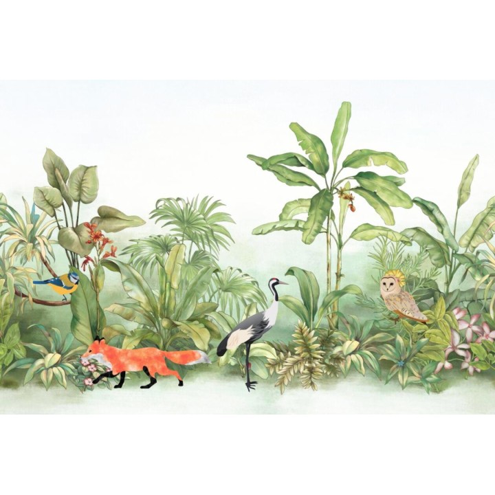 Papier peint tropical - Les oiseaux et les animaux sous le buisson