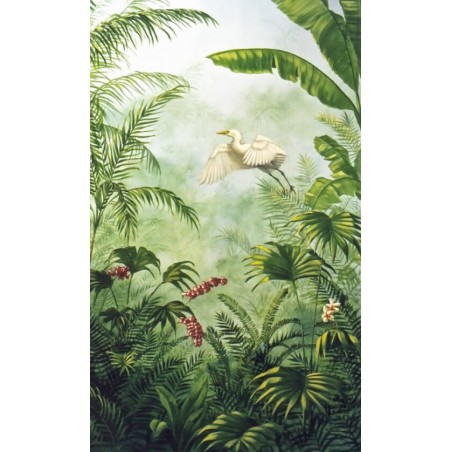 Tapisserie tropicale issue d'un tableau d'artiste, format vertical - Aigrette s'envole dans la jungle