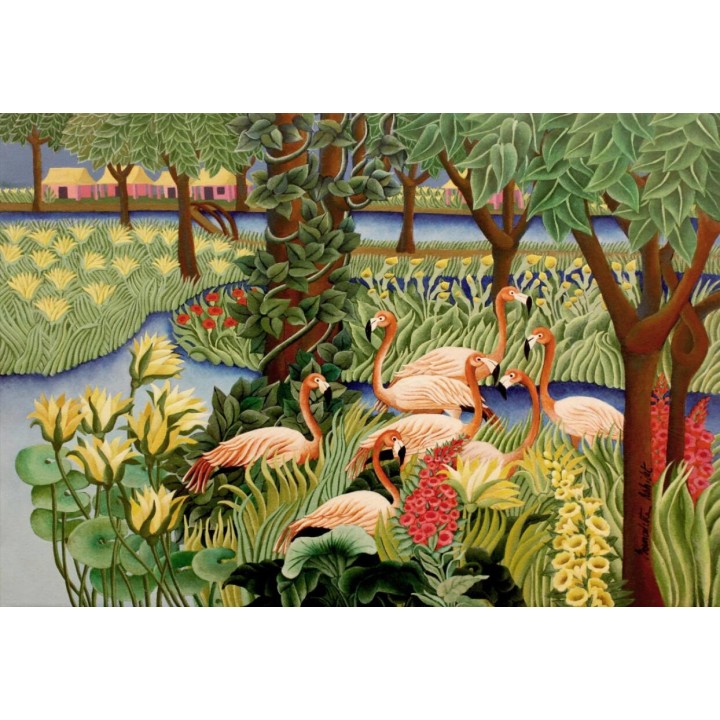 Tapisserie tropicale art naïf - Flamants roses au milieu des fleurs