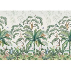 Paysage de la jungle - Singe sur bananier, perroquet sur abre, oiseau de paradis, calla, héliconia dans le sous bois
