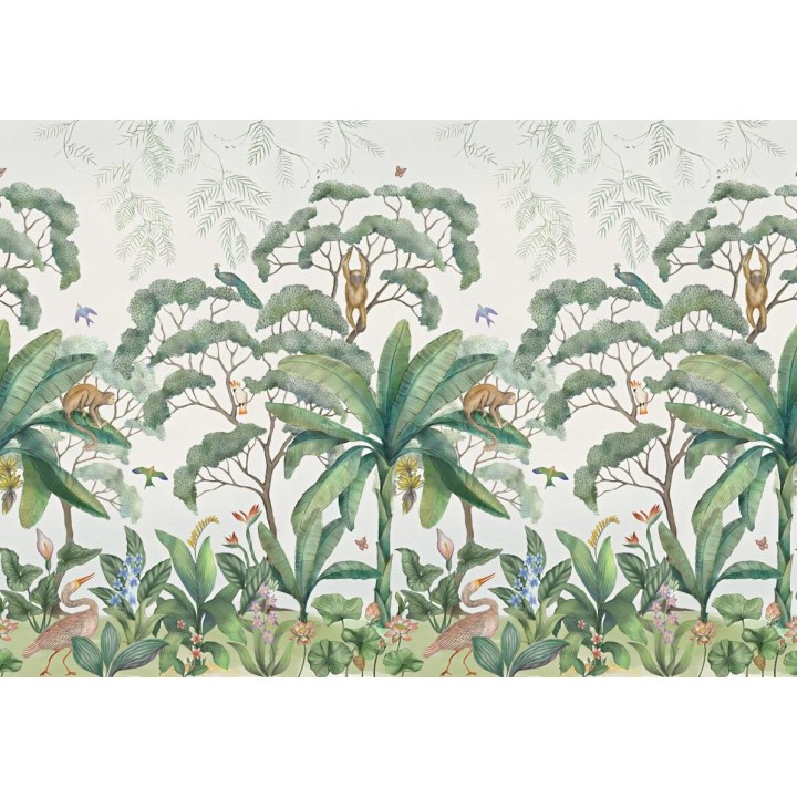 Paysage de la jungle - Singe sur bananier, perroquet sur abre, oiseau de paradis, calla, héliconia dans le sous bois