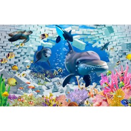 Paysage fond marin trompe l'oeil effet 3D - Dauphins sortent du mur