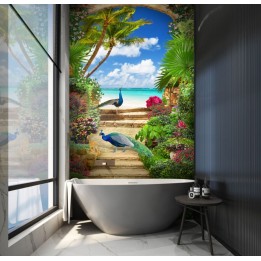 Décoration salle de bain moderne, panneau étanche paysage tropical - Couple de paon bleu dans jardin au bord de la mer