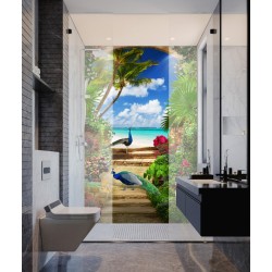 Décoration salle de bain moderne, panneau étanche paysage tropical - Couple de paon bleu dans jardin au bord de la mer