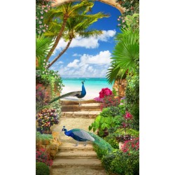 Décoration salle de bain moderne, panneau étanche paysage tropical - Couple de paon bleu dans jardin au bord de la mer