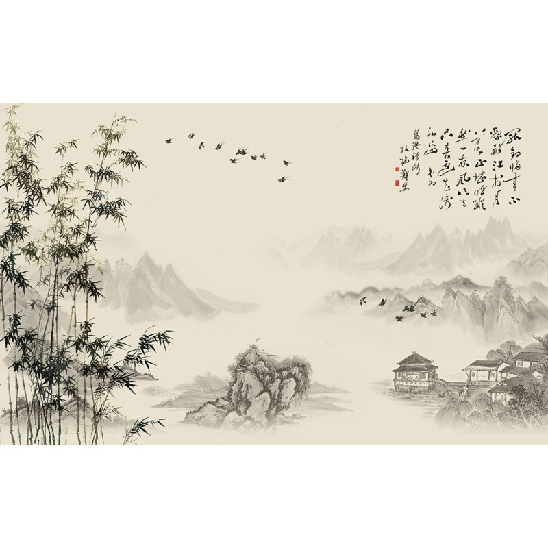 Papier peint chinois - Paysage avec les bambous et le poème