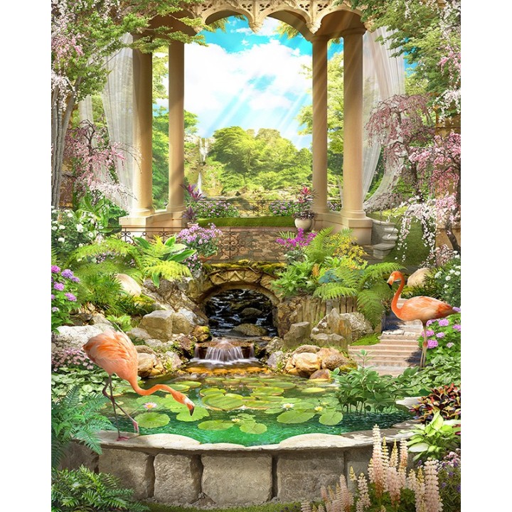 Panneau PVC décoratif ambiance tropicale - Flamants roses dans jardin exotique