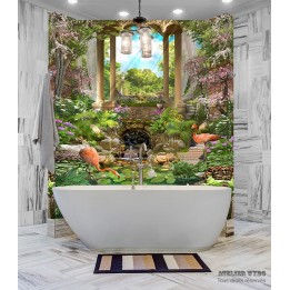 Panneau PVC décoratif ambiance tropicale - Flamants roses dans jardin exotique