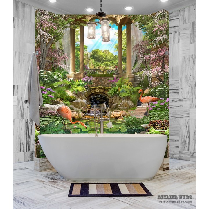 Panneau PVC décoratif ambiance tropicale - Flamants roses dans jardin exotique