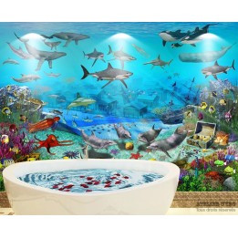 Paysage fond marin ville engloutie et trésor perdu, requins, orques, dauphins et poissons
