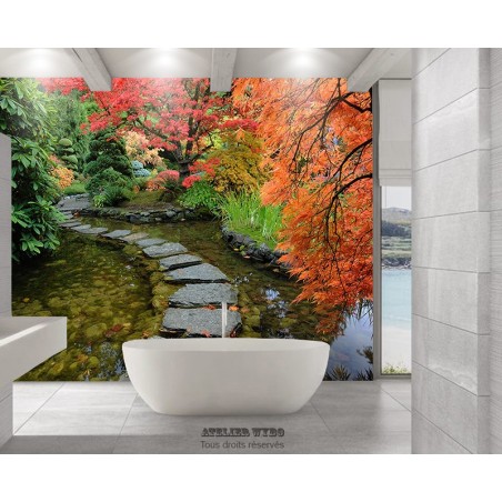 Panneau 3D salle de bain effet de profondeur - Paysage trompe l'œil jardin japonais zen