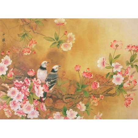 Papier peint asiatique - Les fleurs de cerisier et les oiseaux, aspect ancien