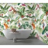 Salle de bain ambiance tropicale - Bananier, palmier et oiseaux exotiques sur fond blanc