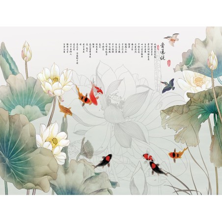 Papier peint chinois - Les lotus et les carpes dans l'étang avec le poème "Déclaration d'amour aux lotus"