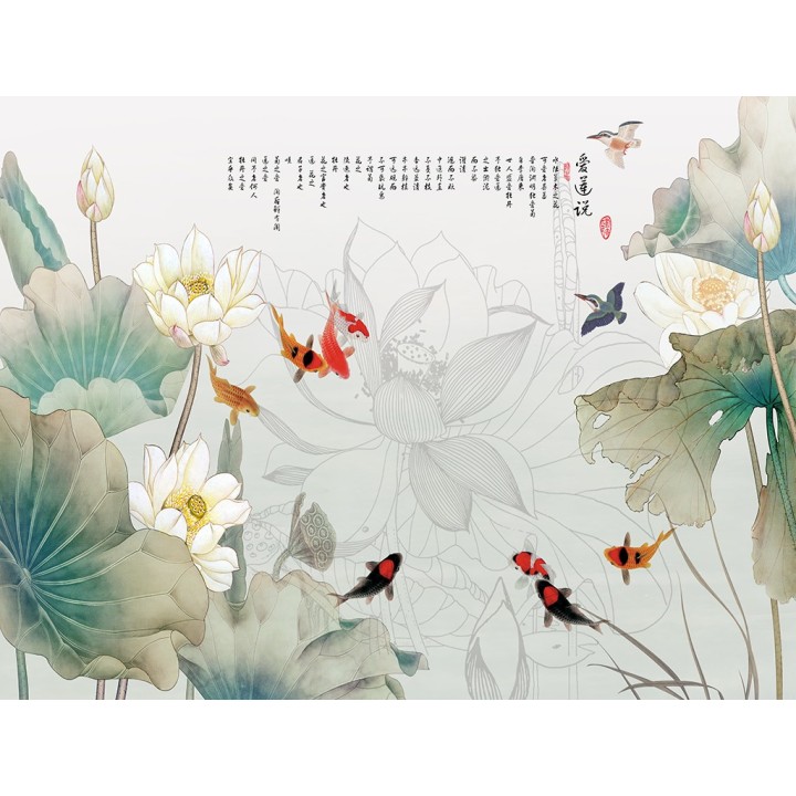 papier peint chinois personnalisable lotus carpe poème