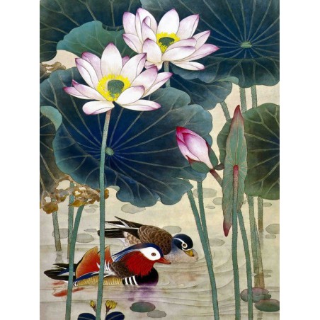 Tapisserie murale style chinois - Les canards mandarins dans l'étang avec les lotus - L'amour éternel