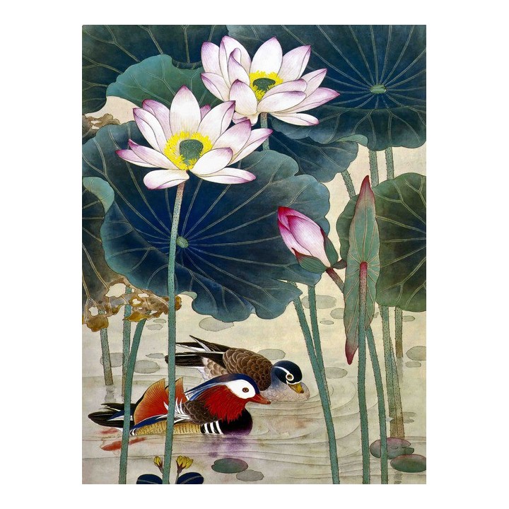 tapisserie numérique sur mesure style chinois-les canards mandarins dans l'étang avec les lotus