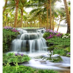 Papier peint photo 3D paysage tropical - Chute d'eau dans la forêt de cocotier