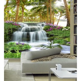 Papier peint photo 3D paysage tropical - Chute d'eau dans la forêt de cocotier