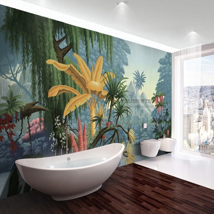 Salle de bain tropicale panneau hydrofuge sur mesure palmier doré et saule pleureur.
