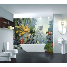 Déco salle de bain fresque colorée, mur de baignoire paysage de la jungle.
