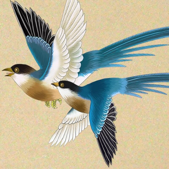 Peinture asiatique zen fleurs et oiseaux format vertical - Paysage avec les fleurs de cerisier et les oiseaux