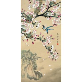 Peinture asiatique zen fleurs et oiseaux format vertical - Paysage avec les fleurs de cerisier et les oiseaux