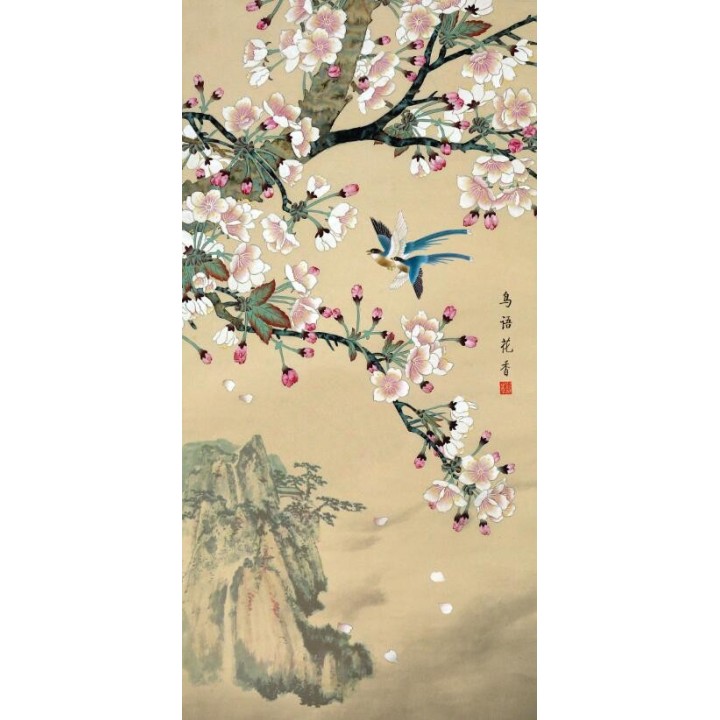 Peinture asiatique zen fleurs et oiseaux format vertical - Paysage avec les fleurs de cerisier et les oiseaux
