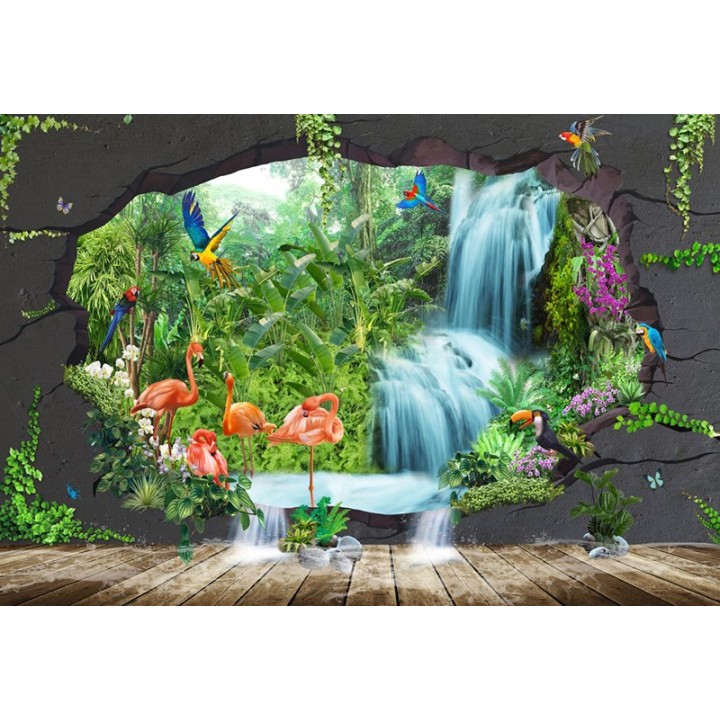 Papier peint tropical trompe l'œil 3D - Les flamants roses et les perroquets dans la jungle - Extension d'espace