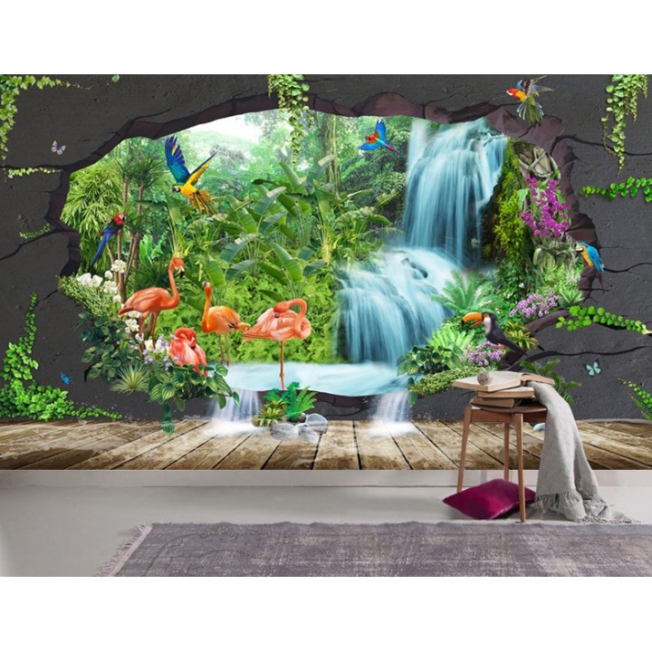 Papier peint tropical trompe l'œil 3D - Les flamants roses et les perroquets dans la jungle - Extension d'espace
