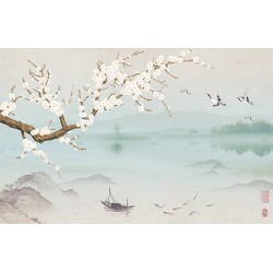 Paysage avec l'arbre de mei, grue du Japon et poisson