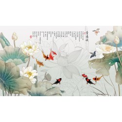 Lotus, carpes multicolors, oiseaux et poème