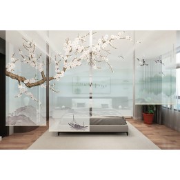 Paysage avec l'arbre de mei, grue du Japon et poisson