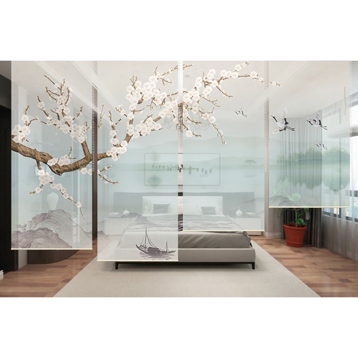 Paysage avec l'arbre de mei, grue du Japon et poisson