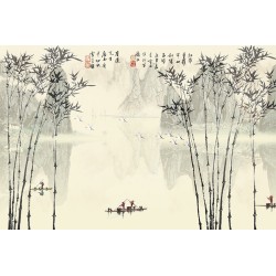 Paysage de la montagne et la rivière avec les bambous, peinture en noir et blanc, ton sépia