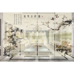 Paysage avec les bambous, orchidées, chrysanthèmes, fleurs et oiseaux, fond beige sépia