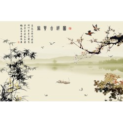 Paysage avec les bambous, orchidées, chrysanthèmes, fleurs et oiseaux, fond beige sépia