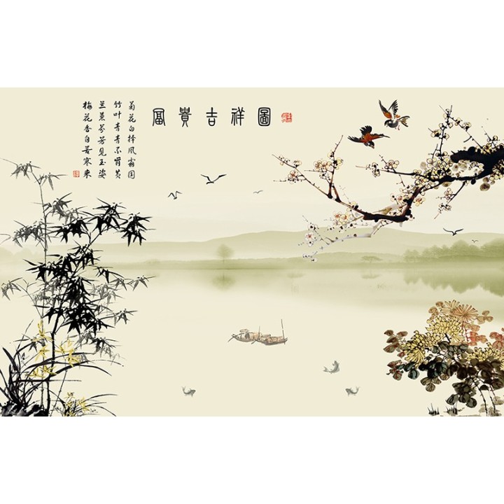 Paysage avec les bambous, orchidées, chrysanthèmes, fleurs et oiseaux, fond beige sépia