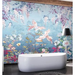 Jardin floral et oiseaux mythique sur fond bleu