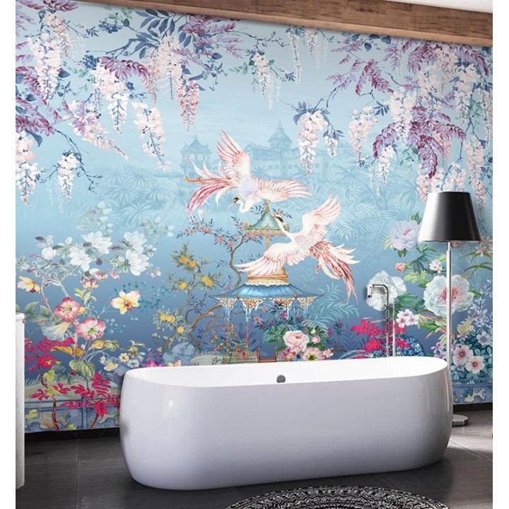 Jardin floral et oiseaux mythique sur fond bleu