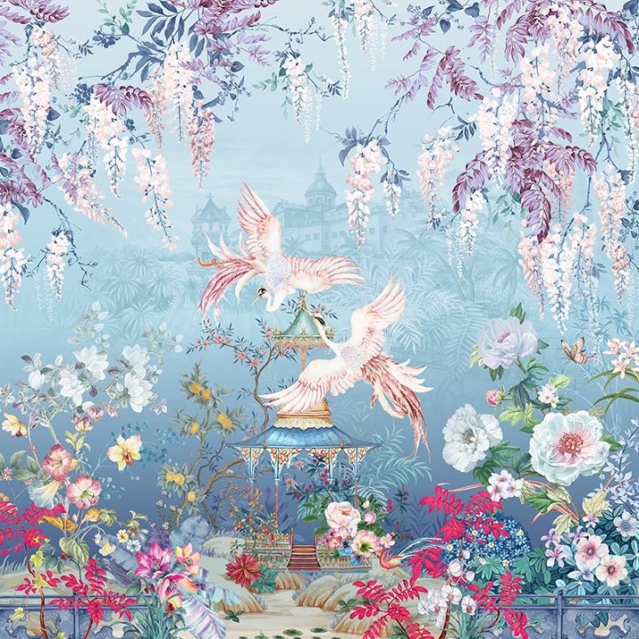 Jardin floral et oiseaux mythique sur fond bleu