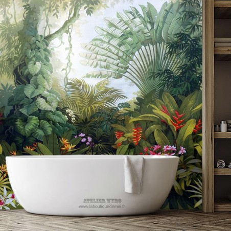 Salle de bains tropicale plentes et fleurs de la jungle  - Arbre du voyageur, oiseau de paradis, orchidée et hélicolia