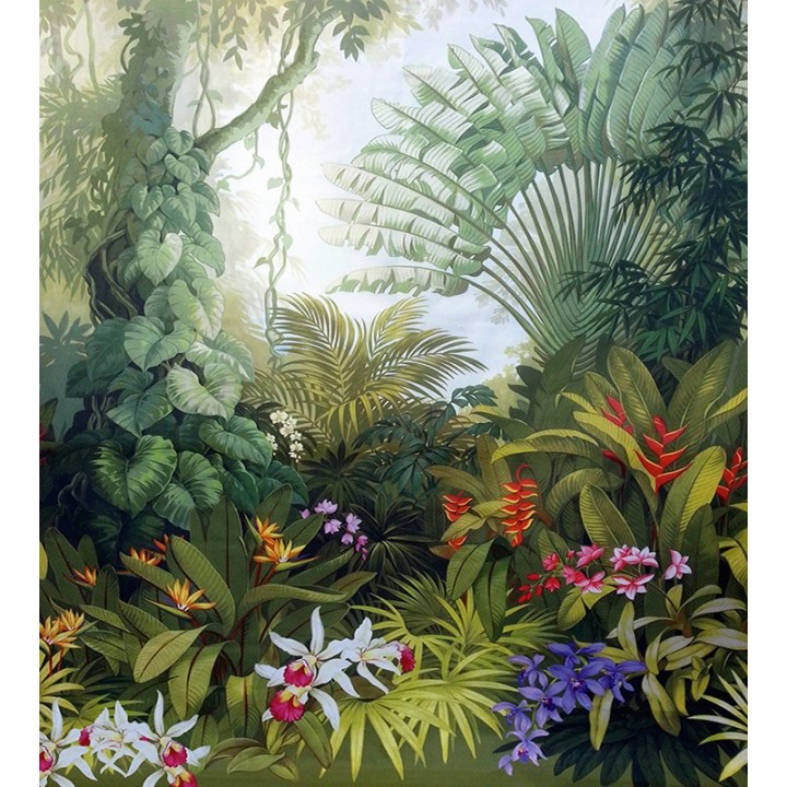 Salle de bains tropicale plentes et fleurs de la jungle  - Arbre du voyageur, oiseau de paradis, orchidée et hélicolia