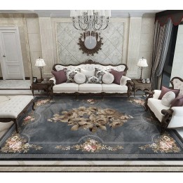 Tapis traditionnel motif symétrique fleurs et fougères sur fond gris